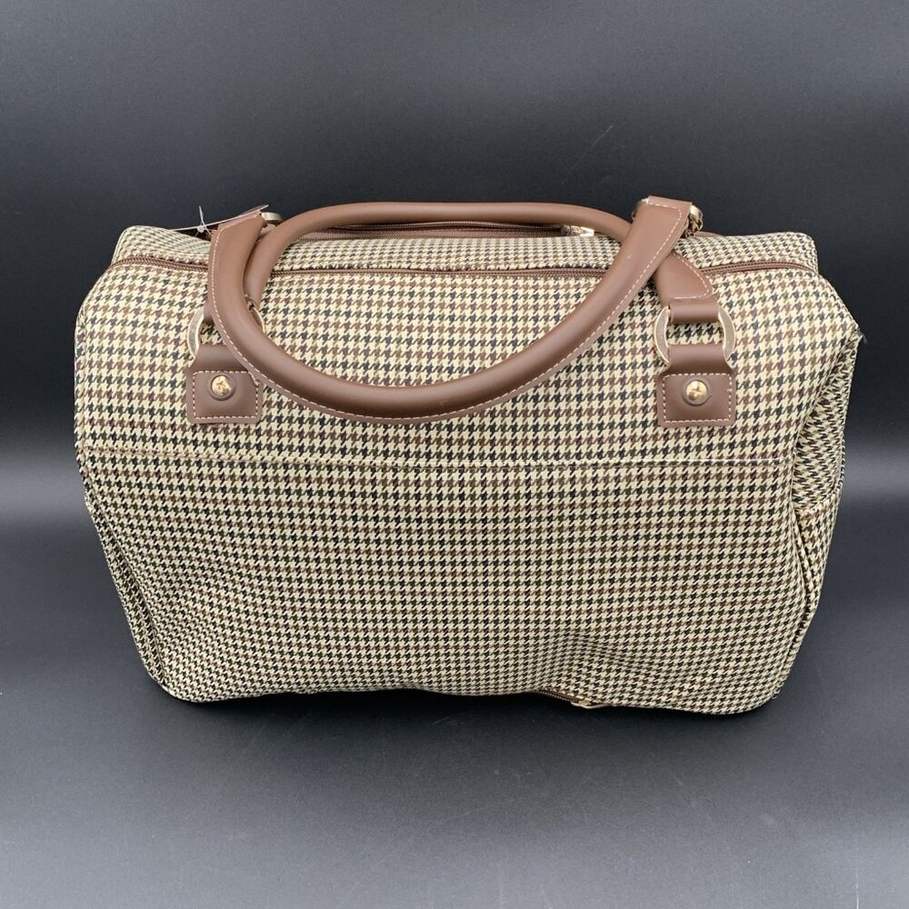 London Fog Oxford III Olive Houndstooth Carry On Duffel Bag Leather Trim 16" - Picture 3 of 8